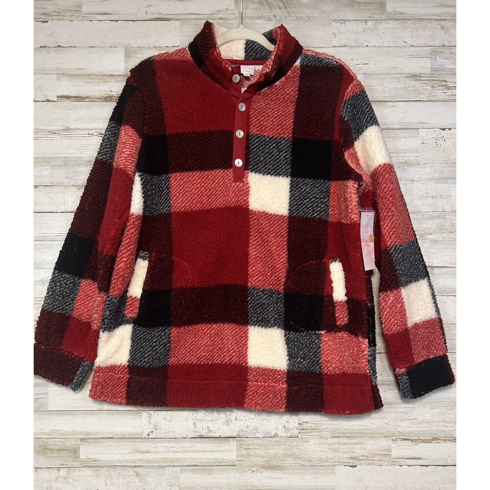 New Direction's Womens Large Red Plaid Fleece 1/4 Button Up Pullover NWOT